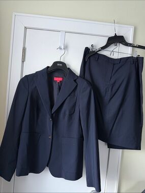 LaVia18 Wool Blend Navy Women Blazer skirt Suit set size Italy 44/46
